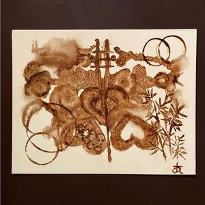 🤎Abstract Heart design coffee decor painting painted with coffee on canvas board